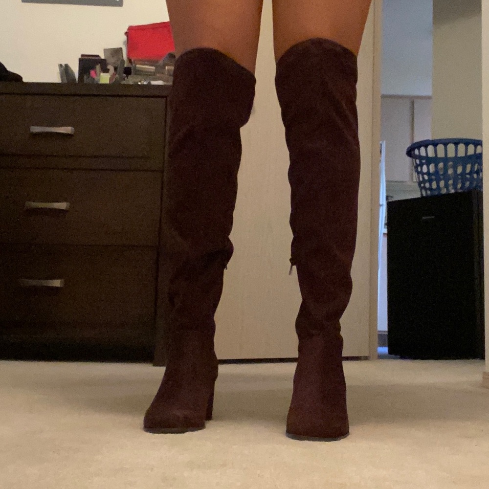 Brown Faux Suede Thigh High Boots